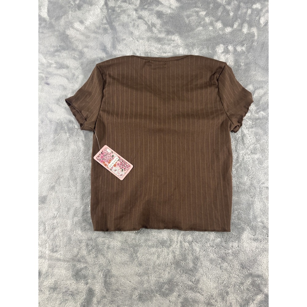Btween Girls Brown Ribbed Short Sleeve V-Neck Cinched Button Front Top Size 10 - Picture 5 of 5